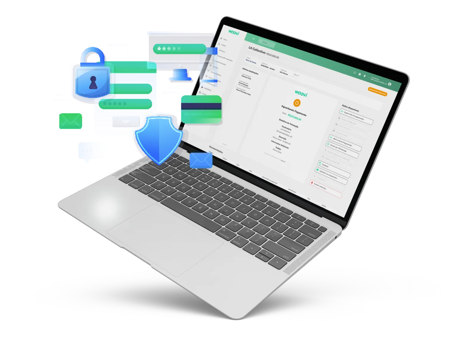 Notebook mostrando plataforma da woovi e ícones de segurança, cartão, senha