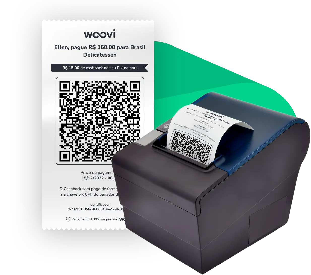 Uma maquininha térmica imprimindo qrcode de pagamento da plataform woovi