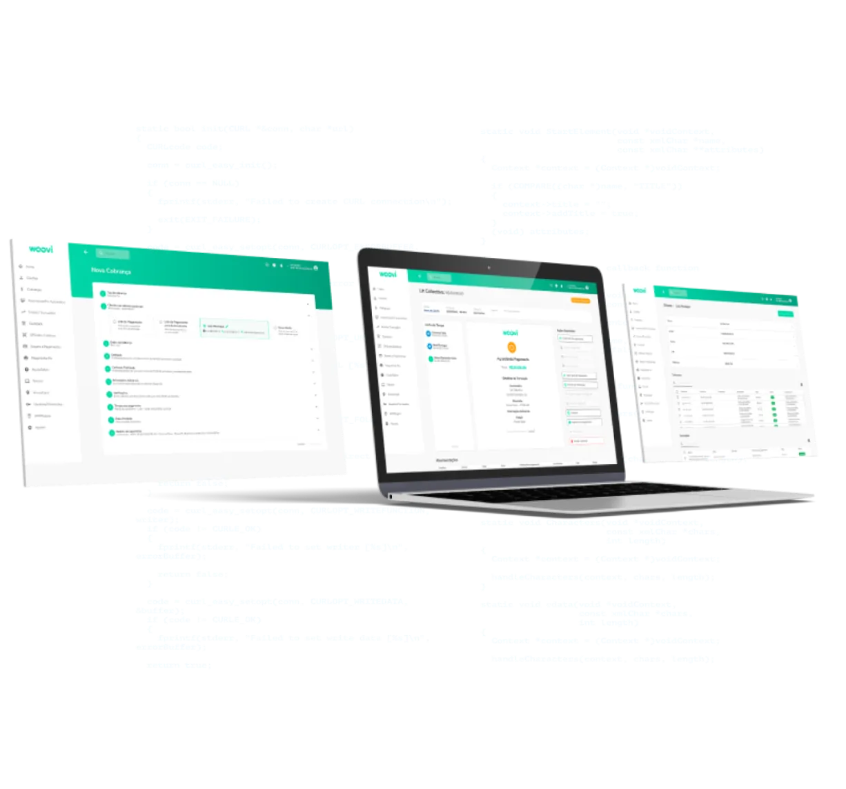 Computador mostrando telas da plataforma woovi
